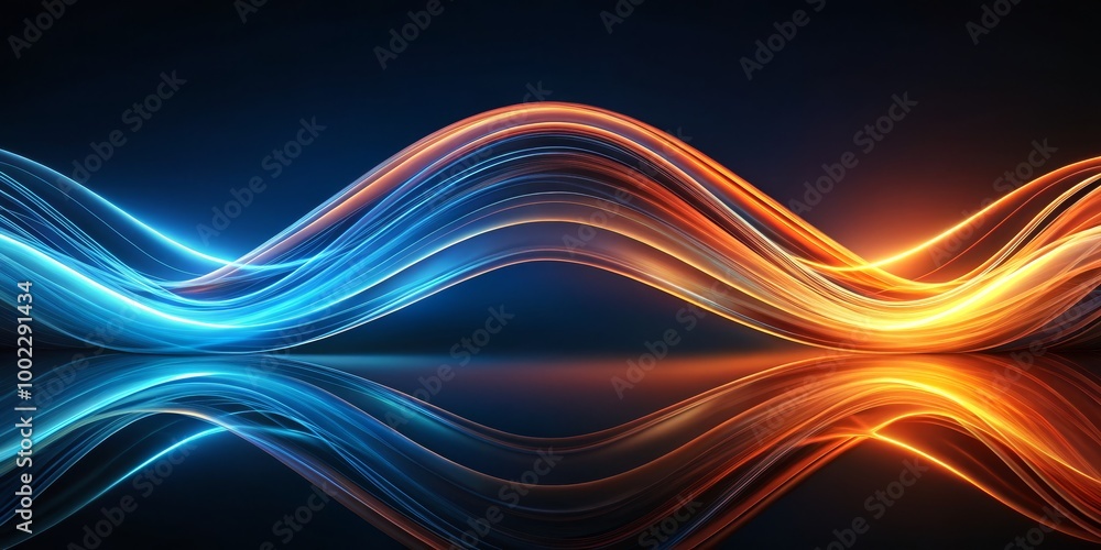 Abstract Wavy Lines of Blue and Orange Light with Reflections on a Dark Background Abstract Wavy Lines of Blue and Orange Light with Reflections on a Dark Background