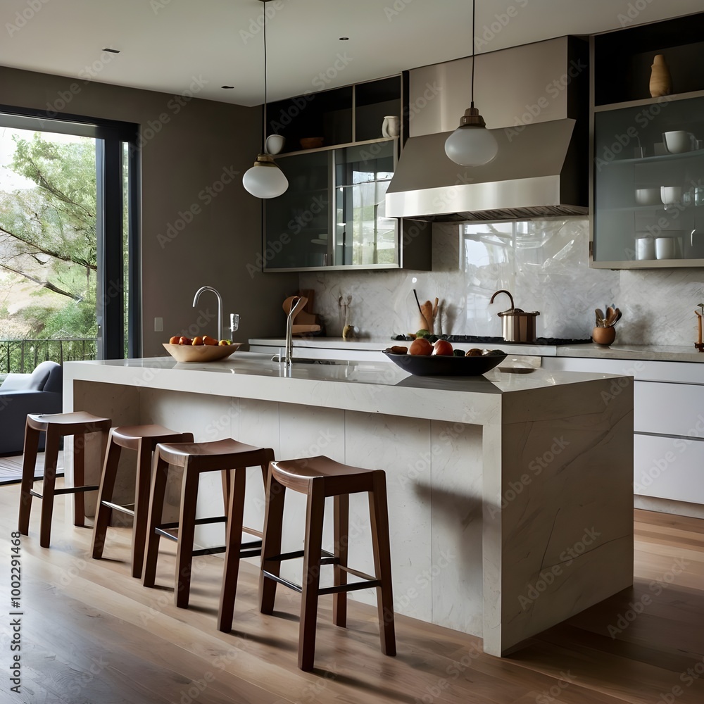 A sleek, unadorned kitchen island with smooth surfaces and simple bar stools, embodying modern simplicity in kitchen design. A sleek, unadorned kitchen island with smooth surfaces and simple bar stools, embodying modern simplicity in kitchen design.