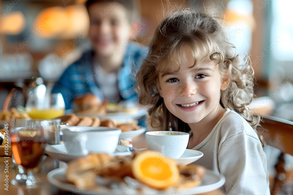 Happy child enjoying breakfast at a cafe with delicious pastries and drinks Happy child enjoying breakfast at a cafe with delicious pastries and drinks