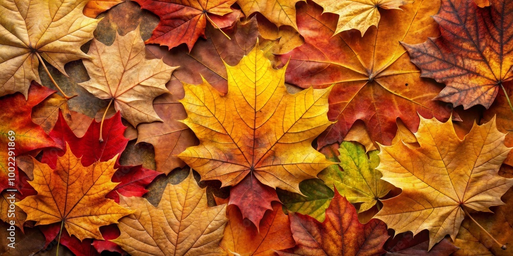 Autumnal Tapestry A Close-Up of Vibrant Maple Leaves, Displaying a Spectrum of Colors and Intricate Veining Autumnal Tapestry A Close-Up of Vibrant Maple Leaves, Displaying a Spectrum of Colors and Intricate Veining