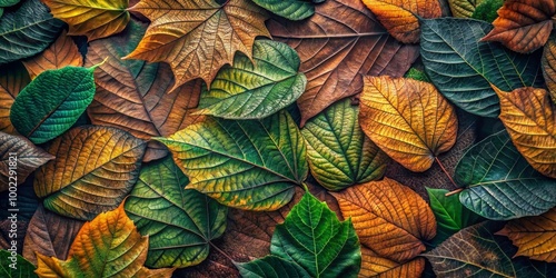 Autumnal Leaf Tapestry A Close-up of Lush Green and Vibrant Brown Leaves, Intertwined in a Complex Pattern