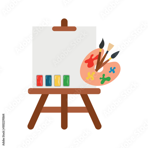 Art supplies. Vector Paints, brushes, watercolors, palette, easel in flat style. Drawing tools