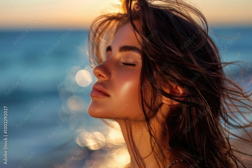 Woman profile portrait breathing deep fresh air on the beach with the ocean in the background Woman profile portrait breathing deep fresh air on the beach with the ocean in the background