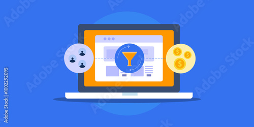 Convert website visitors to paying customers, using digital sales funnel for e-business revenue generation conceptual vector illustration.