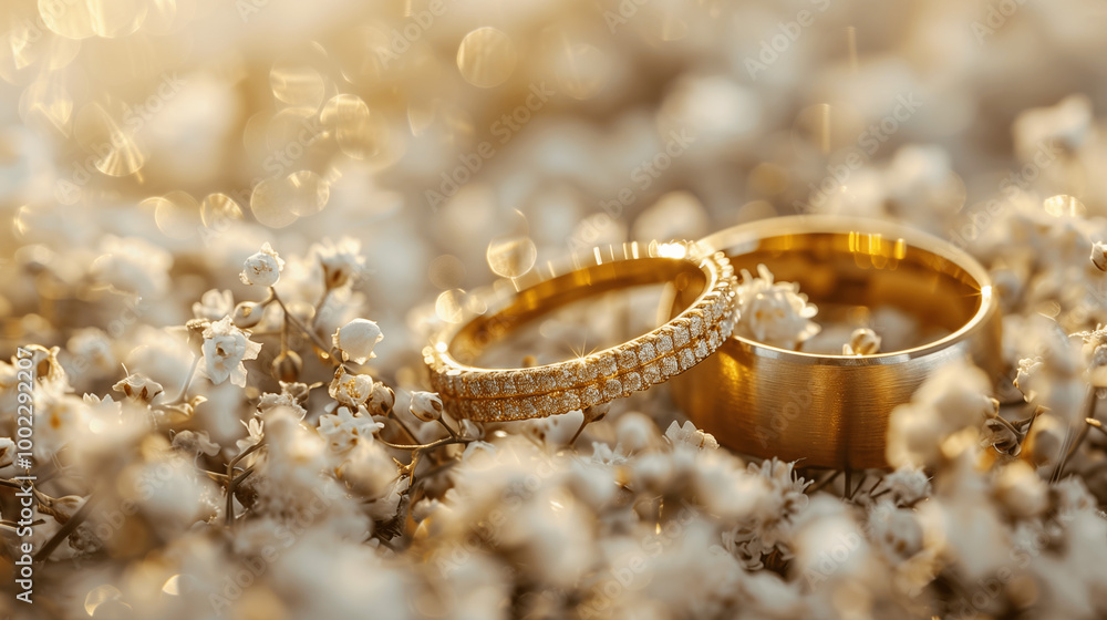 Elegant wedding rings with bouquet of pink roses and baby’s breath in soft sunlight Elegant wedding rings with bouquet of pink roses and baby’s breath in soft sunlight