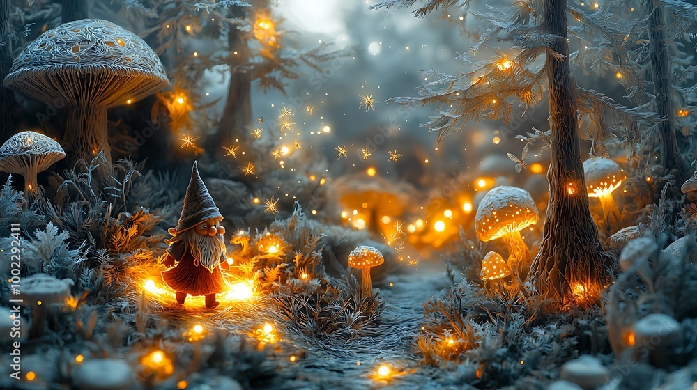 A gnome walking through an enchanted forest, glowing mushrooms lighting the way, sparkling fireflies and magical creatures fluttering around, intricate paper-cut trees and plants creating depth, A gnome walking through an enchanted forest, glowing mushrooms lighting the way, sparkling fireflies and magical creatures fluttering around, intricate paper-cut trees and plants creating depth,