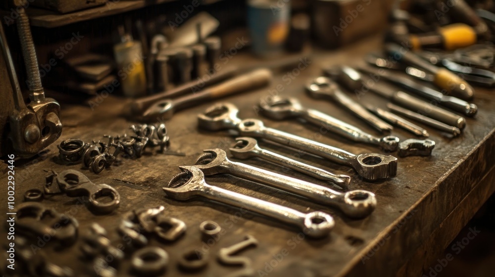 A Collection of Tools, Including Wrenches and Screwdrivers, Laid Out on a Workbench A Collection of Tools, Including Wrenches and Screwdrivers, Laid Out on a Workbench