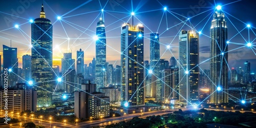 Wallpaper Mural Cityscape Network Illuminated Skyscrapers Connected by Glowing Lines in a Nighttime Aerial View Torontodigital.ca