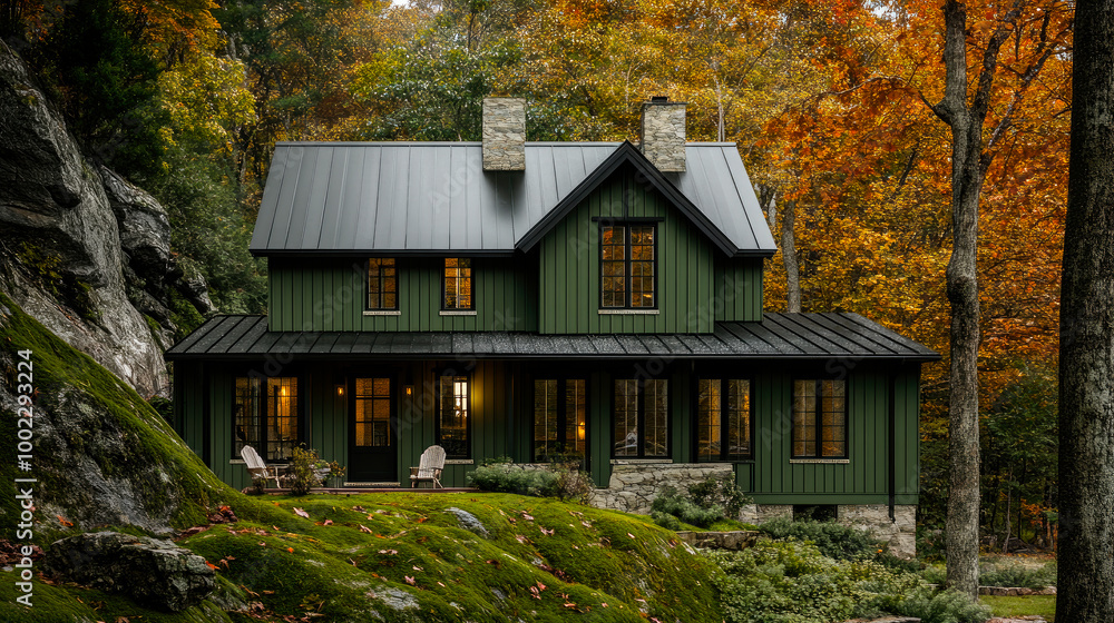 A house with vertical green paneling set against mossy cliff and encircled by autumn trees. A house with vertical green paneling set against mossy cliff and encircled by autumn trees.