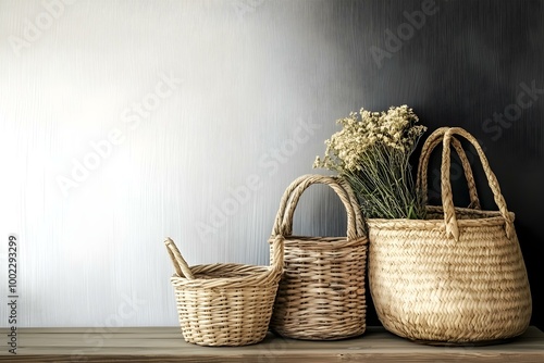 Vintage wicker baskets and straw bags on a wooden table available for sale with a copy space image