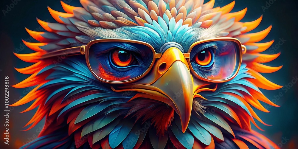 Eagle with Glasses - Close-up Portrait, Vibrant Feathers and Deep Gaze, Digital Art Eagle with Glasses - Close-up Portrait, Vibrant Feathers and Deep Gaze, Digital Art