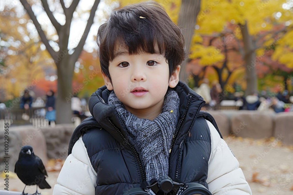 Young Asian boy looking birds by binoculars in forest Young Asian boy looking birds by binoculars in forest