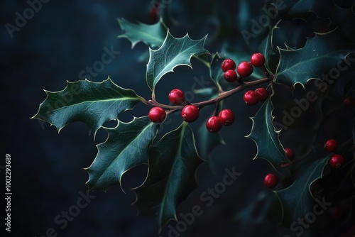 Close-up of Holly Berries and Leaves with a Dark Background photo