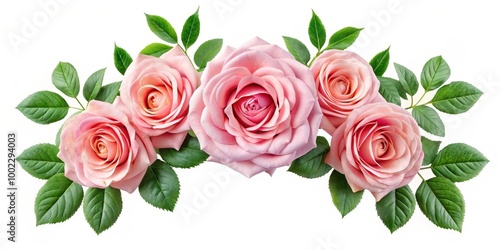 Five Pink Roses and Greenery in an Arc