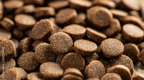 A pile of dry brown kibble, showing the texture, variety of shapes, and sizes up close, ready for feeding time.