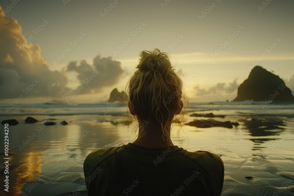 Fototapeta premium Young woman meditates on beach practices yoga travels solo.