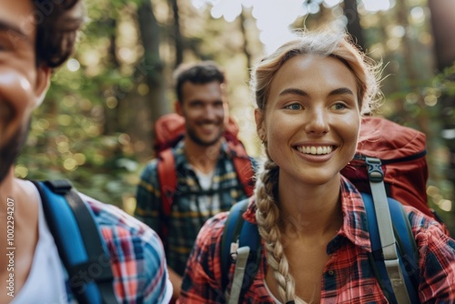 Young couple hiking trough forest and watching birds.Ornithology .