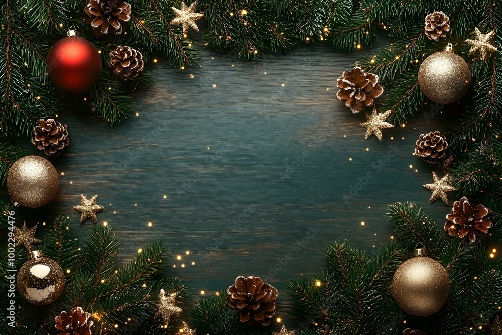 Christmas backdrop featuring copyspace adorned with spruce branches and New Year s decorations Christmas backdrop featuring copyspace adorned with spruce branches and New Year s decorations