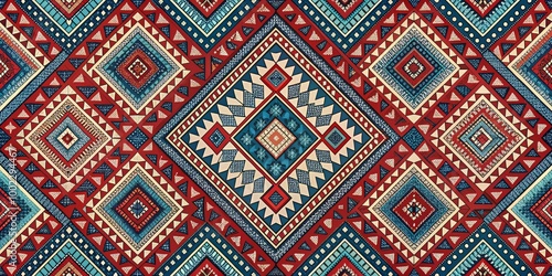 Geometric Mosaic Pattern in Red, Blue, and White - Abstract Tribal Design with Symmetrical Shapes and Intricate Details