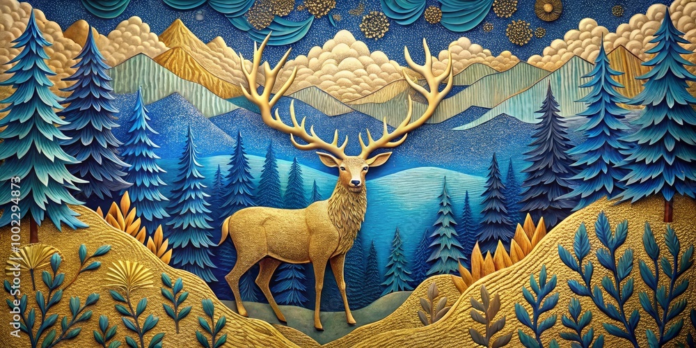 Fototapeta premium Golden Deer in a Blue Forest A Carved Wooden Landscape of Nature's Majesty