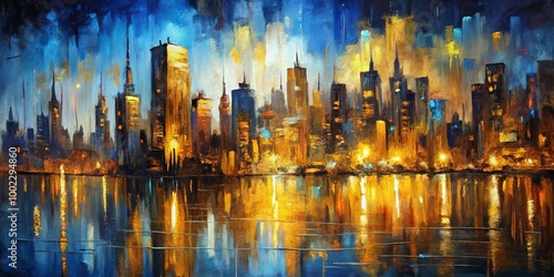 Golden Cityscape Reflection An Abstract Oil Painting of an Urban Skyline Reflected in Water