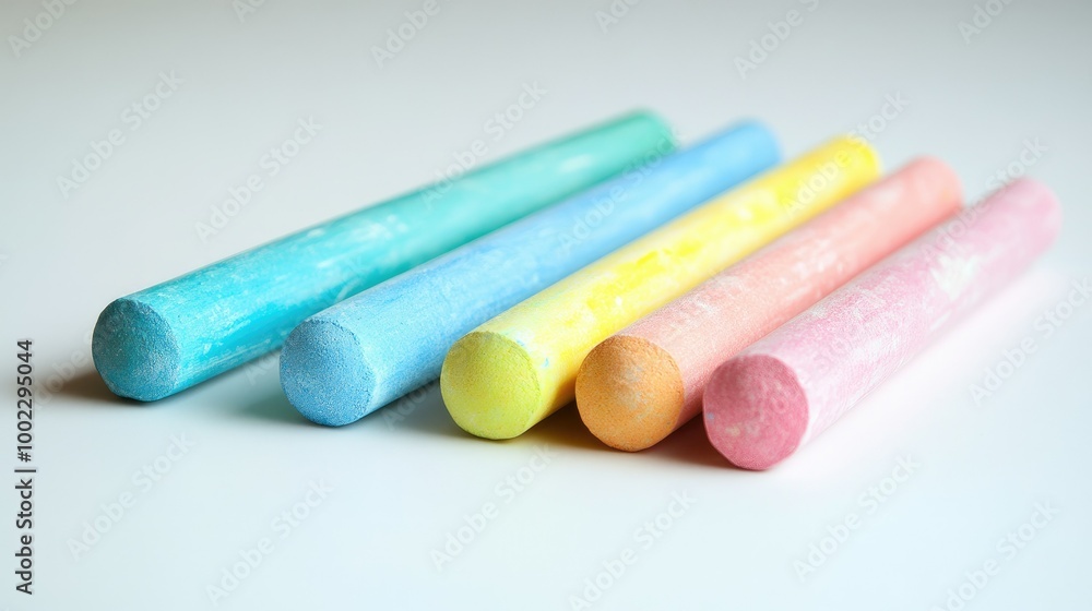A set of colorful chalk sticks in shades of blue, pink, yellow, and green, arranged on a white surface, evoking school and creativity. A set of colorful chalk sticks in shades of blue, pink, yellow, and green, arranged on a white surface, evoking school and creativity.