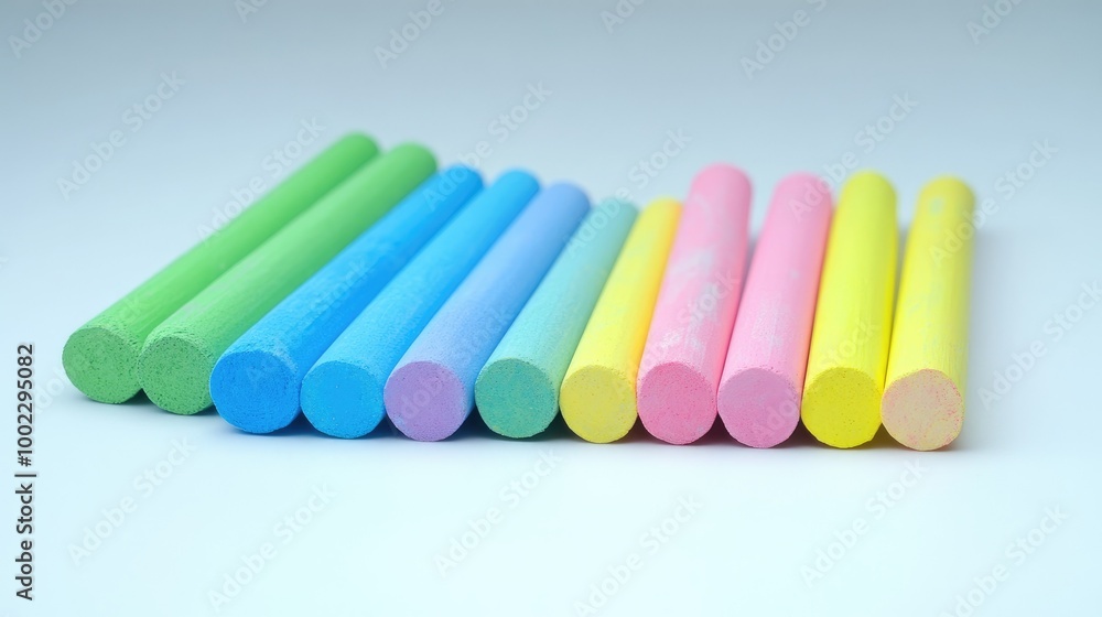 A set of colorful chalk sticks in shades of blue, pink, yellow, and green, arranged on a white surface, evoking school and creativity. A set of colorful chalk sticks in shades of blue, pink, yellow, and green, arranged on a white surface, evoking school and creativity.