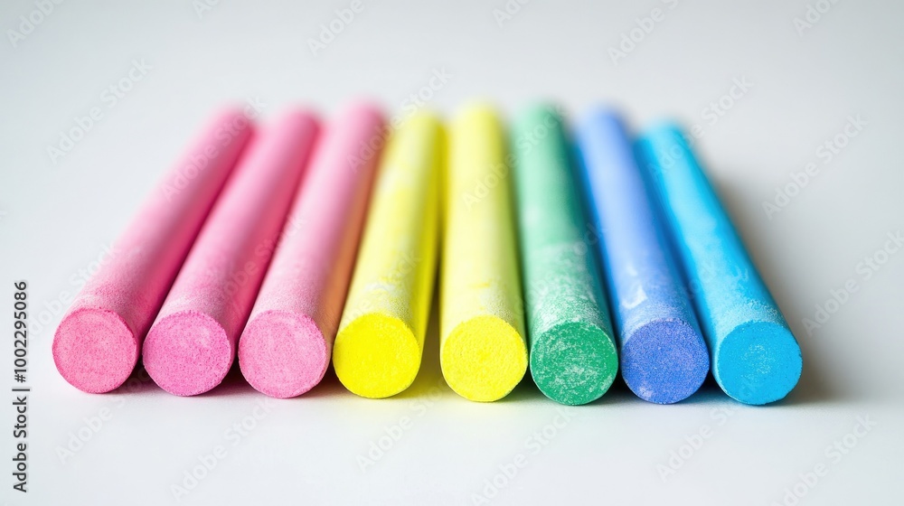 A set of colorful chalk sticks in shades of blue, pink, yellow, and green, arranged on a white surface, evoking school and creativity. A set of colorful chalk sticks in shades of blue, pink, yellow, and green, arranged on a white surface, evoking school and creativity.