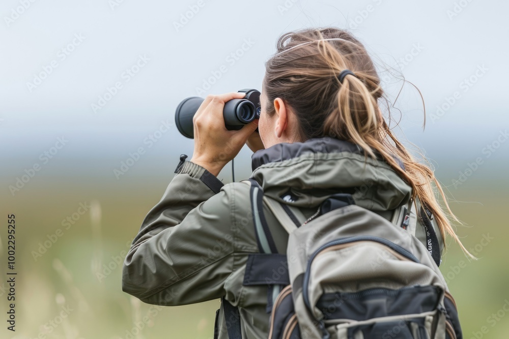 Obraz premium Young woman with binoculars watching birds in nature Woman with binoculars photography