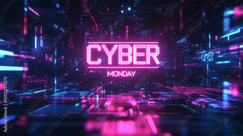 Neon Cyber Monday Sign in a Digital Landscape Neon Cyber Monday Sign in a Digital Landscape