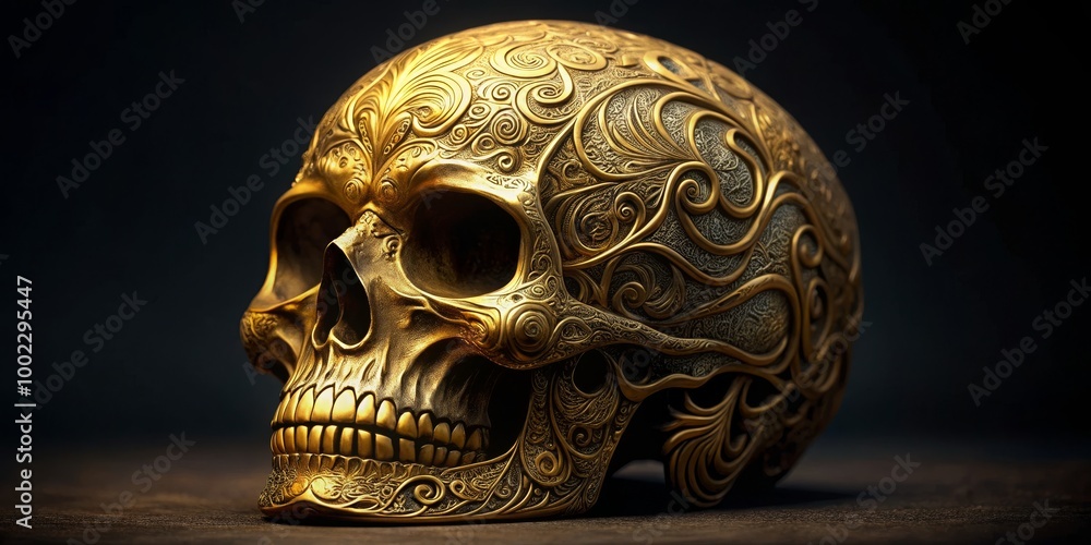 Golden Skull with Intricate Ornamental Design on a Dark Background Golden Skull with Intricate Ornamental Design on a Dark Background