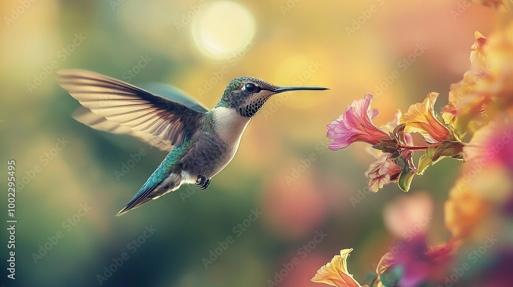 Hummingbird flies in the air, blurry background of foreground flowers Hummingbird flies in the air, blurry background of foreground flowers