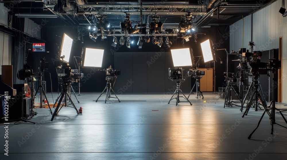 A spacious video production studio with large lighting rigs and professional film cameras set up for shooting. A spacious video production studio with large lighting rigs and professional film cameras set up for shooting.