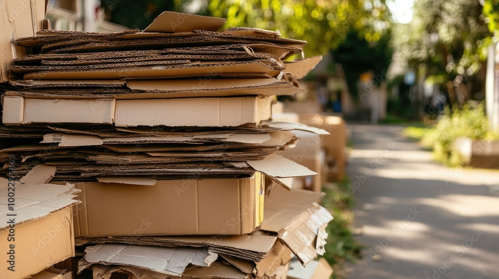 Obraz premium A stack of cardboard boxes prepared for recycling, piled up neatly in an outdoor setting.