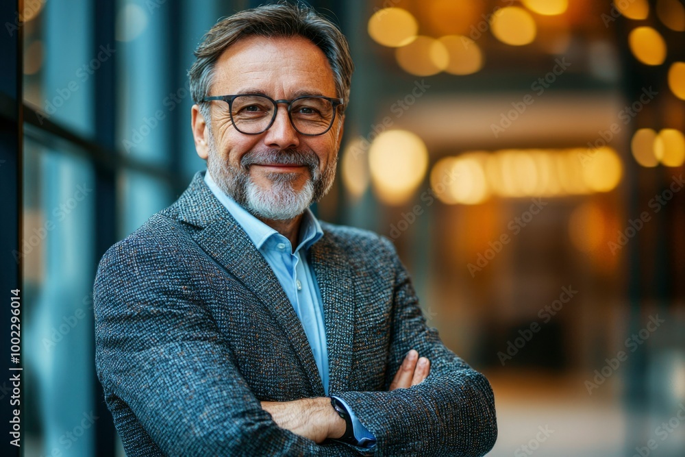 Naklejka premium Portrait of a middle-aged man with a grey beard wearing glasses and a blazer, smiling with his arms crossed