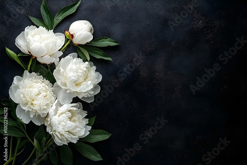 Fresh white peonies on a dark black background A condolence card Wedding date An invitation for a holiday Congratulations An empty area for text Top view He was lying flat. Copy space image