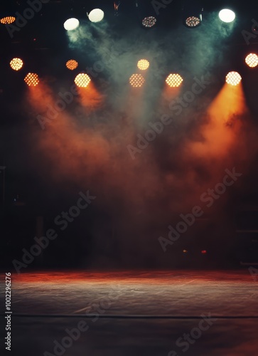 Empty stage with dramatic spotlights and smoke, creating a mysterious and atmospheric setting perfect for performances or events. photo