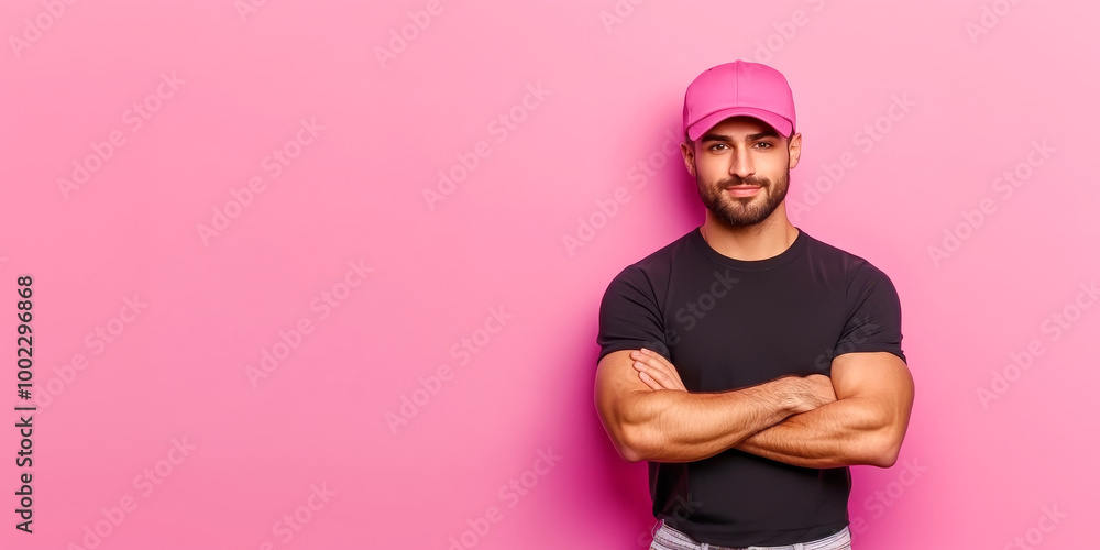 Confident Man in Pink Cap: Portrait of a handsome, muscular man with arms crossed, wearing a pink baseball cap against a vibrant pink background. He exudes confidence and style. Confident Man in Pink Cap: Portrait of a handsome, muscular man with arms crossed, wearing a pink baseball cap against a vibrant pink background. He exudes confidence and style.