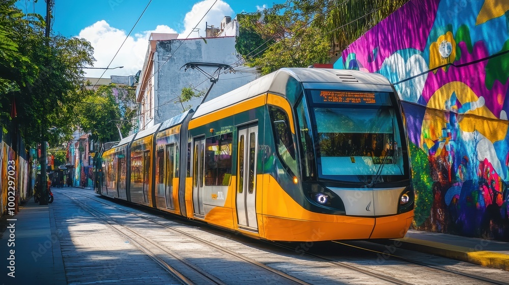 Naklejka premium A modern tram travels along a vibrant street with colorful murals.