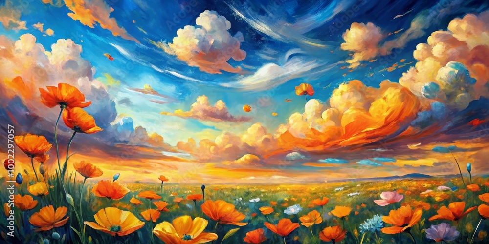 Orange Poppy Field Under a Dreamy Sky A Vivid Oil Painting of Nature's Beauty Orange Poppy Field Under a Dreamy Sky A Vivid Oil Painting of Nature's Beauty