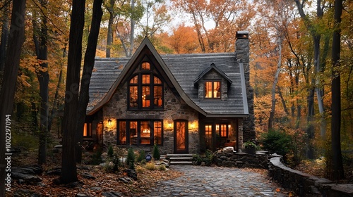 A stone cottage in the woods with an autumnal backdrop