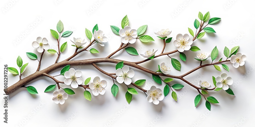 Papercraft Branch with Delicate White Flowers and Lush Green Leaves on a White Background Papercraft Branch with Delicate White Flowers and Lush Green Leaves on a White Background
