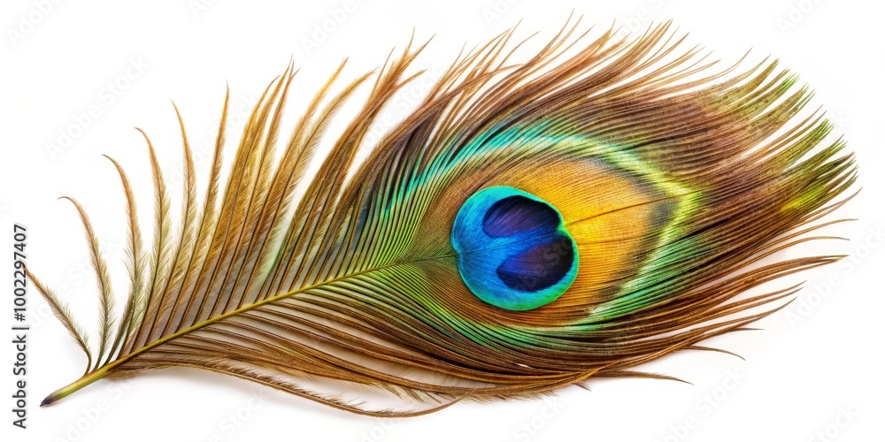 Fototapeta premium Peacock Feather A Single Plume Isolated on White Background