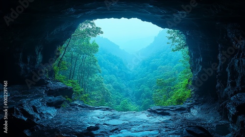 Mountain view from cave opening with scenic landscape 