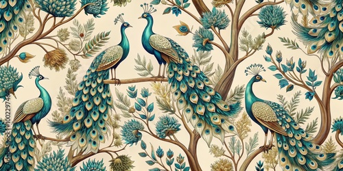 Peacock Paradise A Vibrant Tapestry of Blue and Gold on a Creamy Canvas, Featuring Peacocks Among Lush Foliage and Intricate Floral Designs