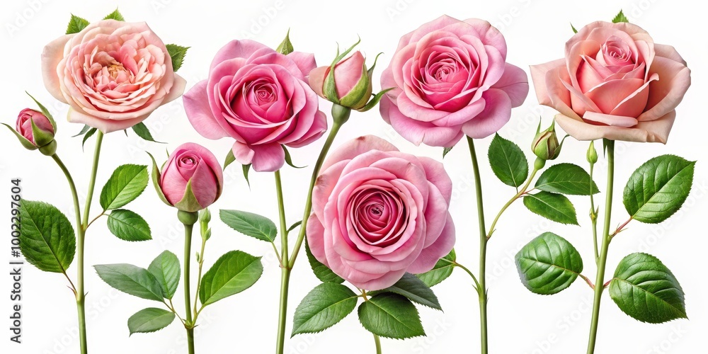 Naklejka premium Pink Roses and Buds in a Horizontal Row Against a White Background