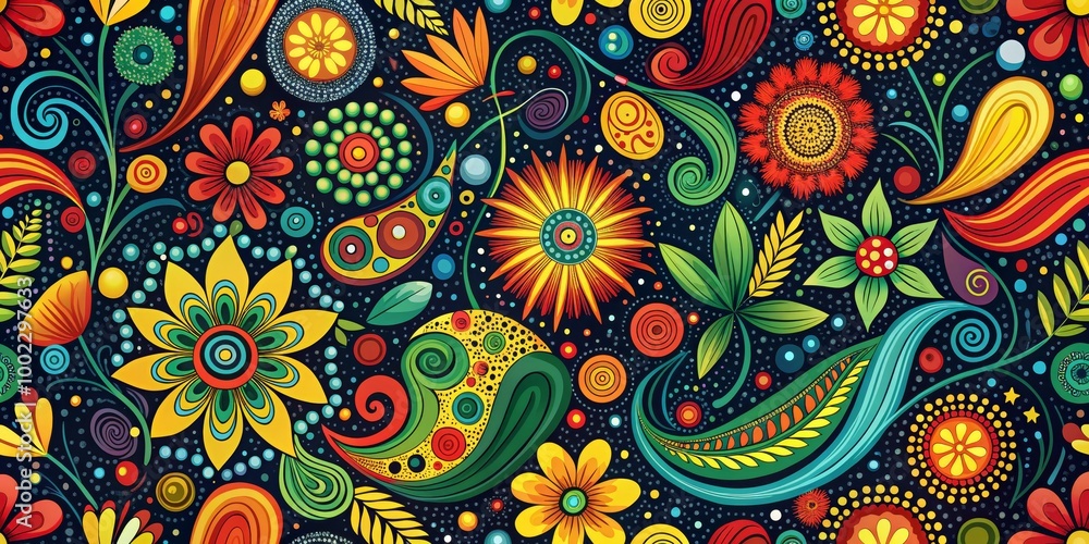 Psychedelic Floral Pattern A Seamless Journey Through Vibrant Blooms and Spirals on a Black Background Psychedelic Floral Pattern A Seamless Journey Through Vibrant Blooms and Spirals on a Black Background