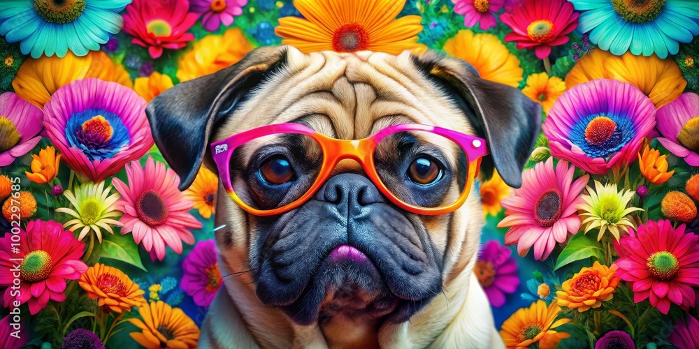 Obraz premium Pug in a Garden of Colorful Flowers with Quirky Glasses