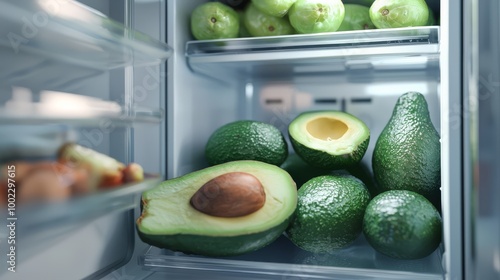 Fresh avocados stored in the fridge, showcasing a healthy eating lifestyle. Perfect for recipes, nutrition, and culinary themes. photo