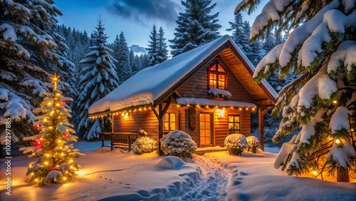 Cozy Winter Cabin: Snow-Covered with Festive Lights and Surrounded by Evergreens